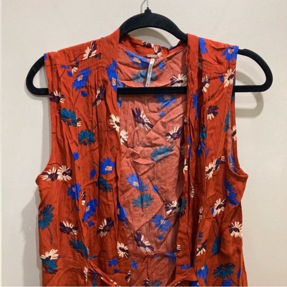 Free People Sleeveless Kimono Duster Wrap Dress Size Medium Burnt Orange Floral - Picture 2 of 9
